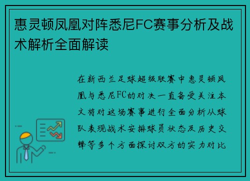 惠灵顿凤凰对阵悉尼FC赛事分析及战术解析全面解读